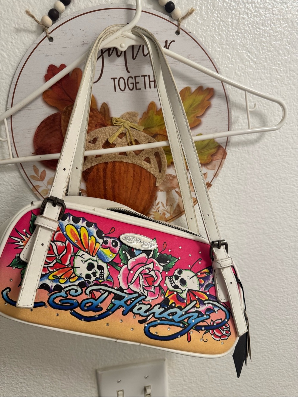 Ed Hardy Pink to Beige Floral Skull Shoulder Bag with White Handles